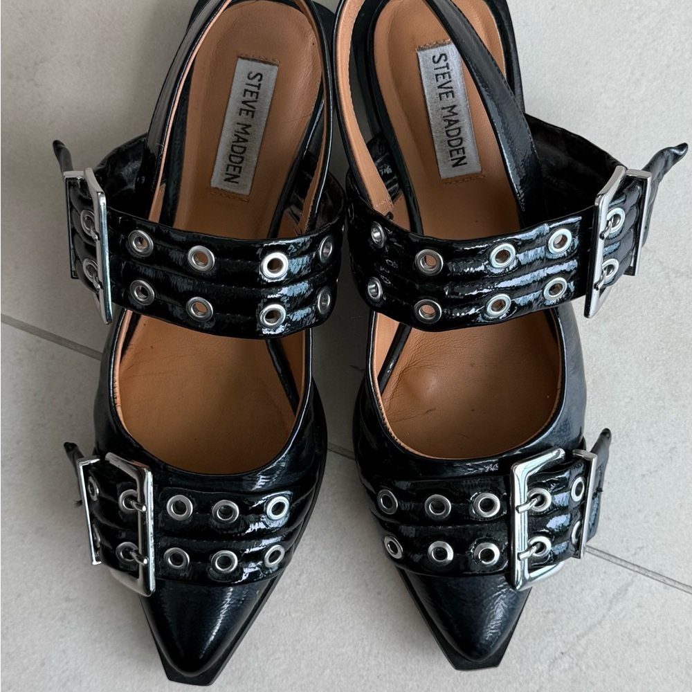 Steve Madden Black Patent Flats with Buckle Detail